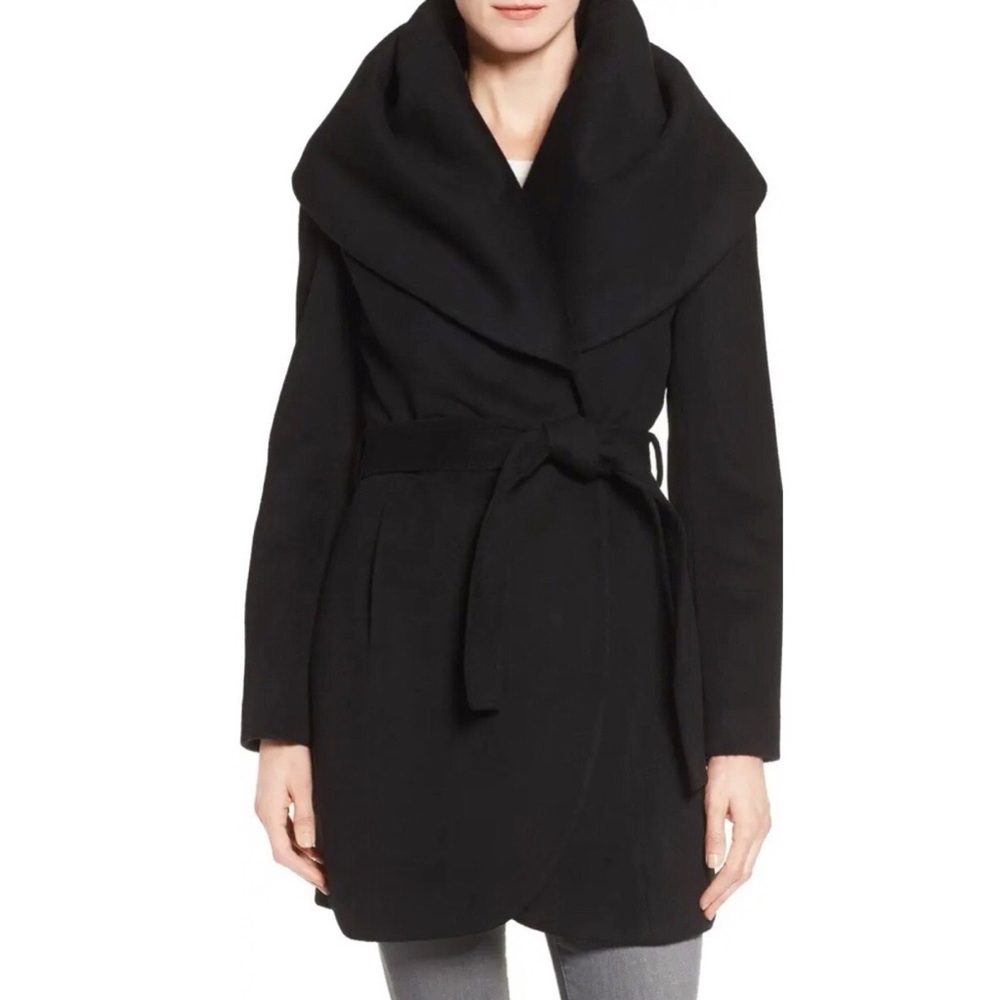🖤T TAHARI Wool Blend Belted Wrap Black Coat Size S